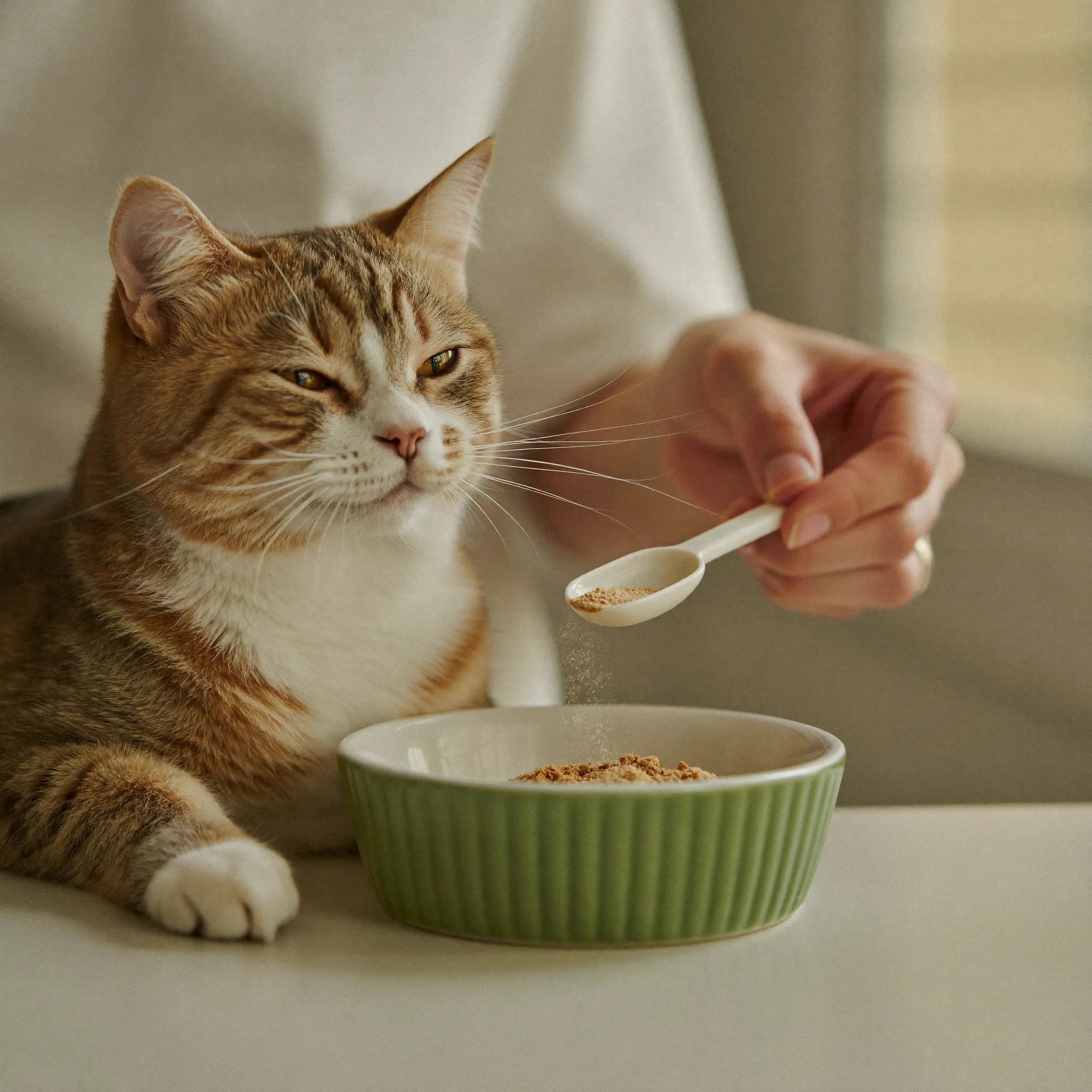 A calm cat being fed at home