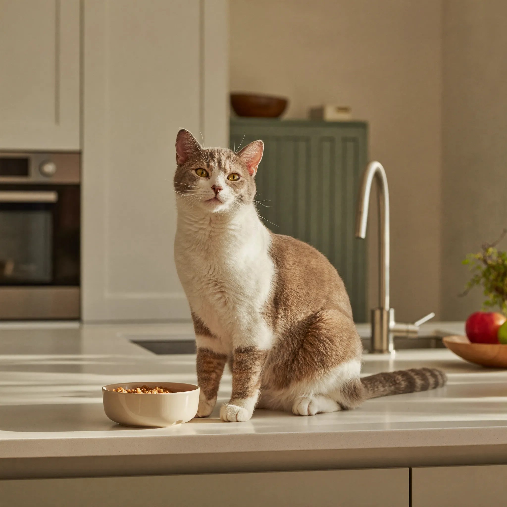 Nine Lives Nutrition Pure Taurine+ beside a healthy cat